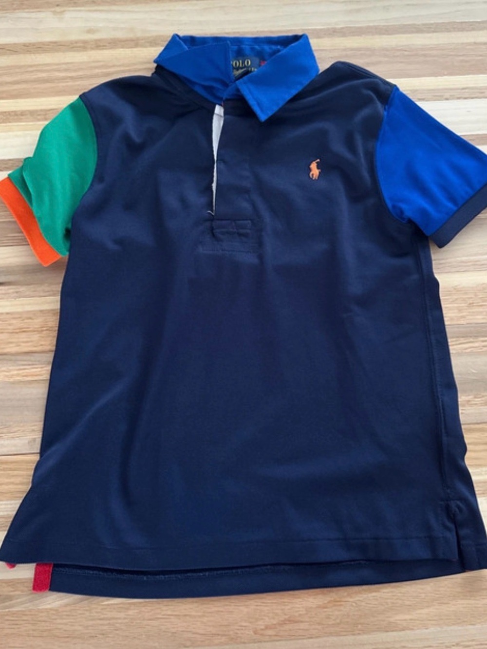 Polo by Ralph Lauren Navy Polo with Green, Orange & Blue Sleeves